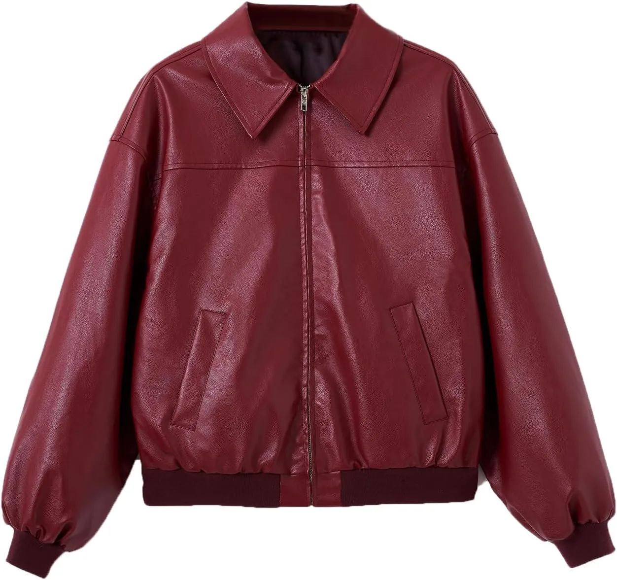 SHENHE Women's Leather Jacket Collared Neck Lantern Sleeve Zip Up Streetwear Motorcycle Bomber Jacket Coat