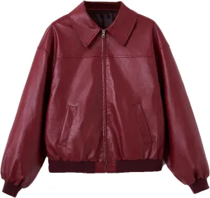 SHENHE Women's Leather Jacket Collared Neck Lantern Sleeve Zip Up Streetwear Motorcycle Bomber Jacket Coat