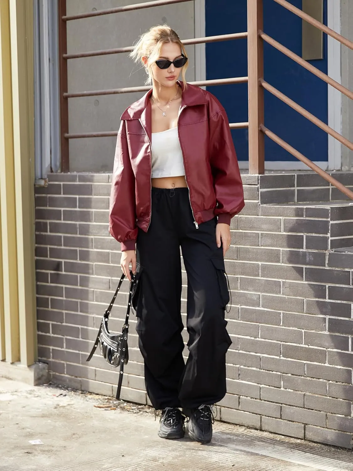 SHENHE Women's Leather Jacket Collared Neck Lantern Sleeve Zip Up Streetwear Motorcycle Bomber Jacket Coat