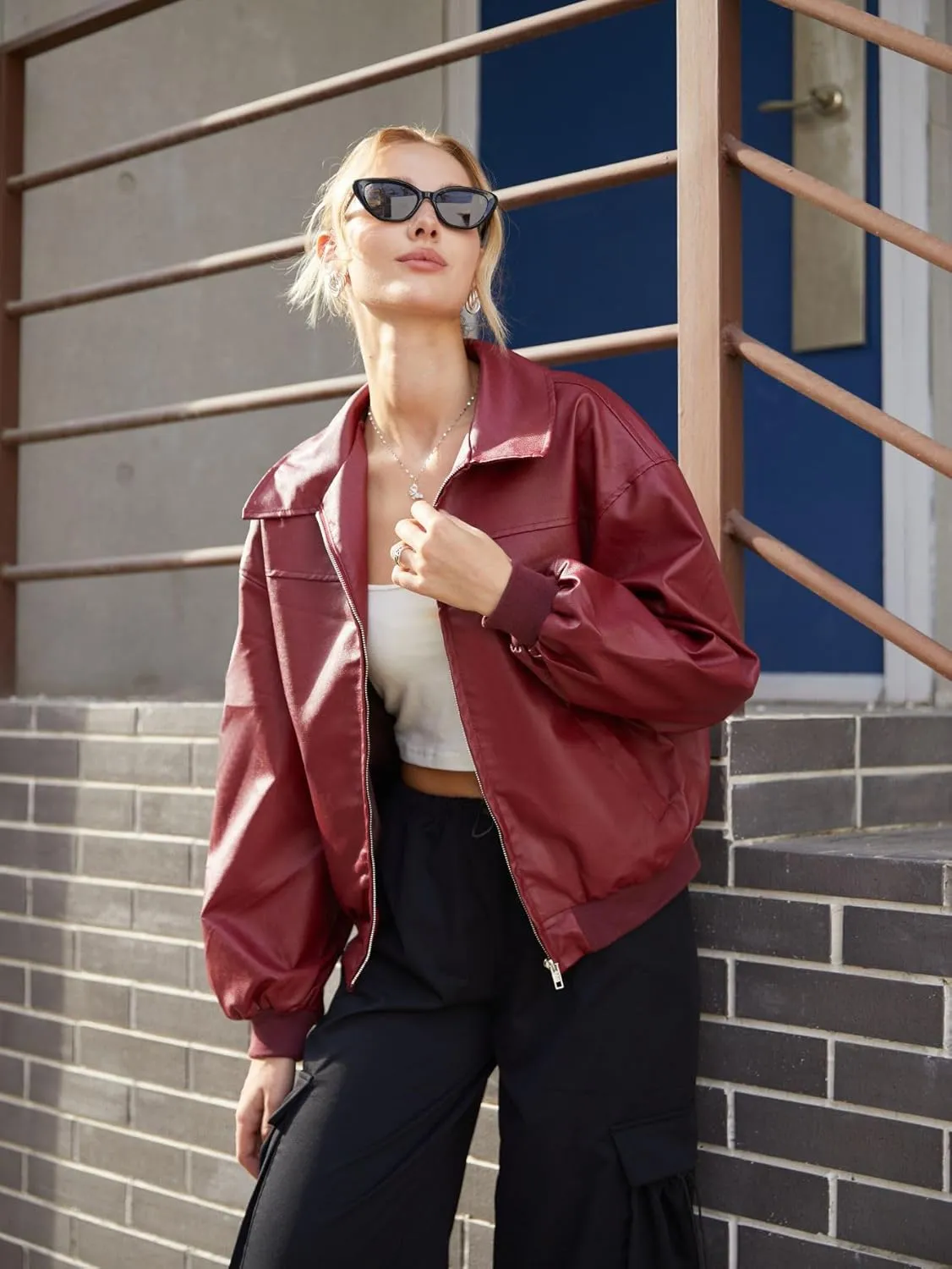 SHENHE Women's Leather Jacket Collared Neck Lantern Sleeve Zip Up Streetwear Motorcycle Bomber Jacket Coat