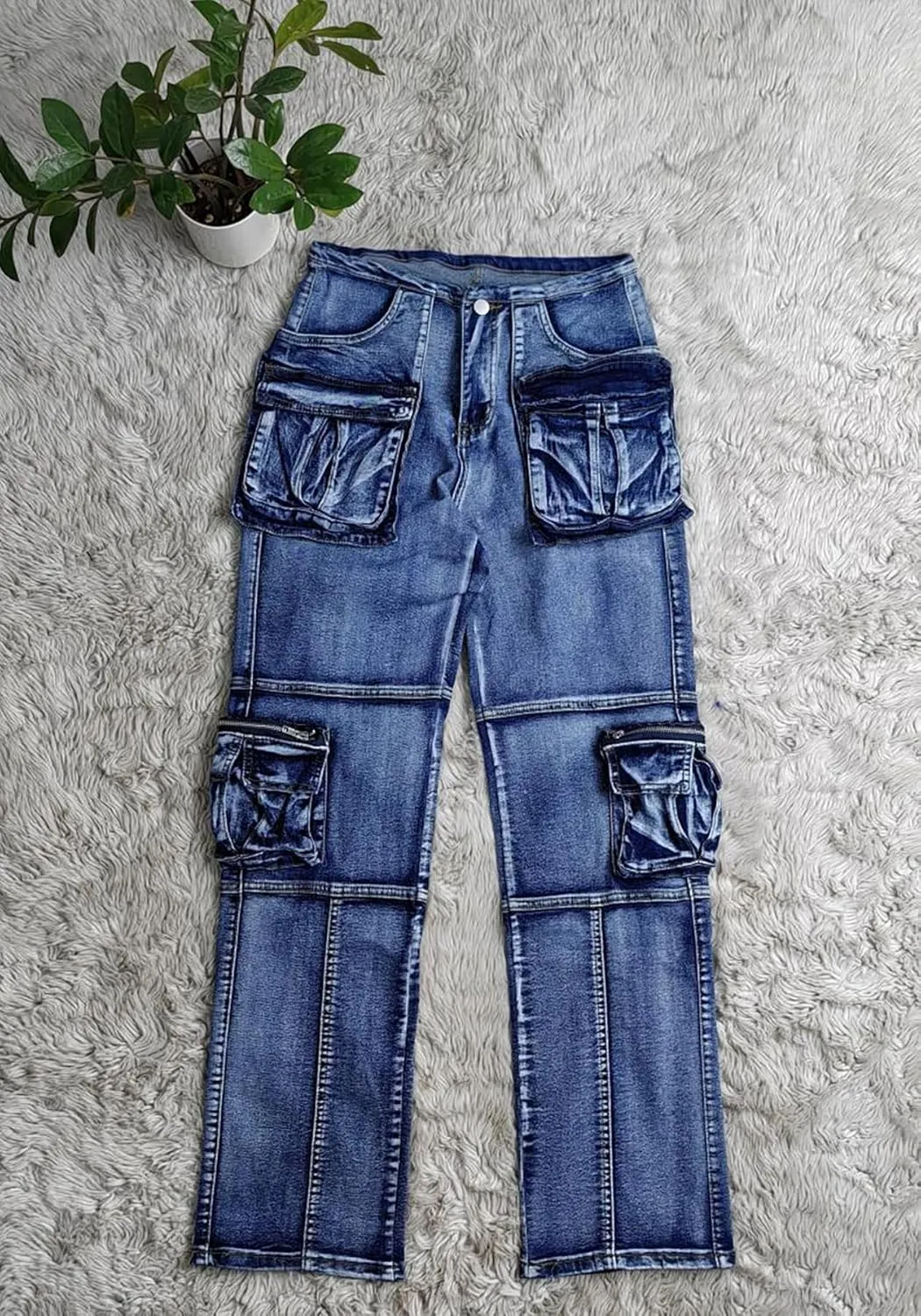SHINFY Womens Cargo Jeans High Waisted Straight Leg Zipper Stretchy Y2K Denim Cargo Pants with Flap Pockets