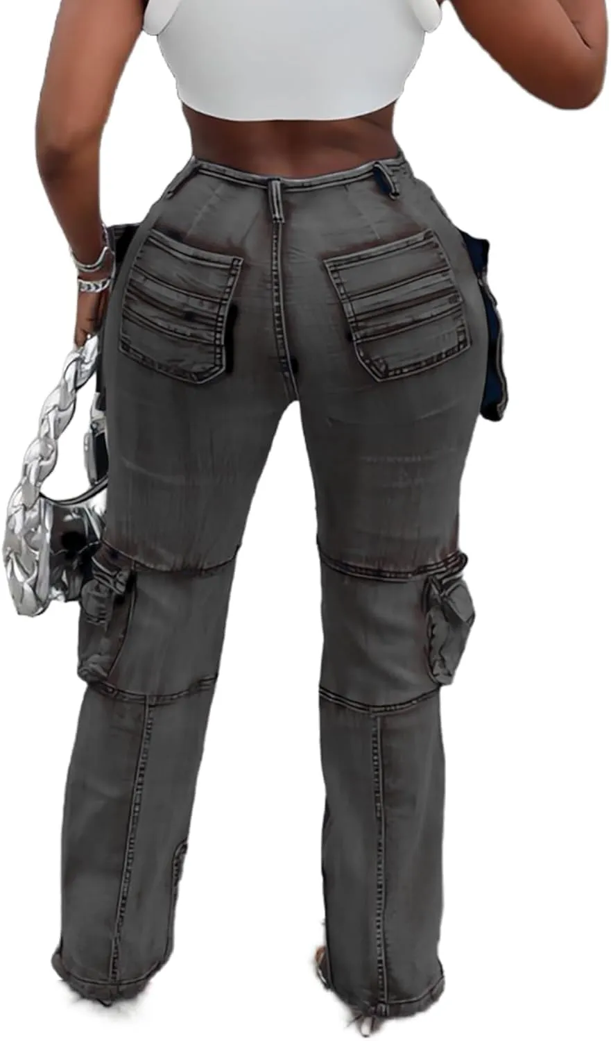 SHINFY Womens Cargo Jeans High Waisted Straight Leg Zipper Stretchy Y2K Denim Cargo Pants with Flap Pockets