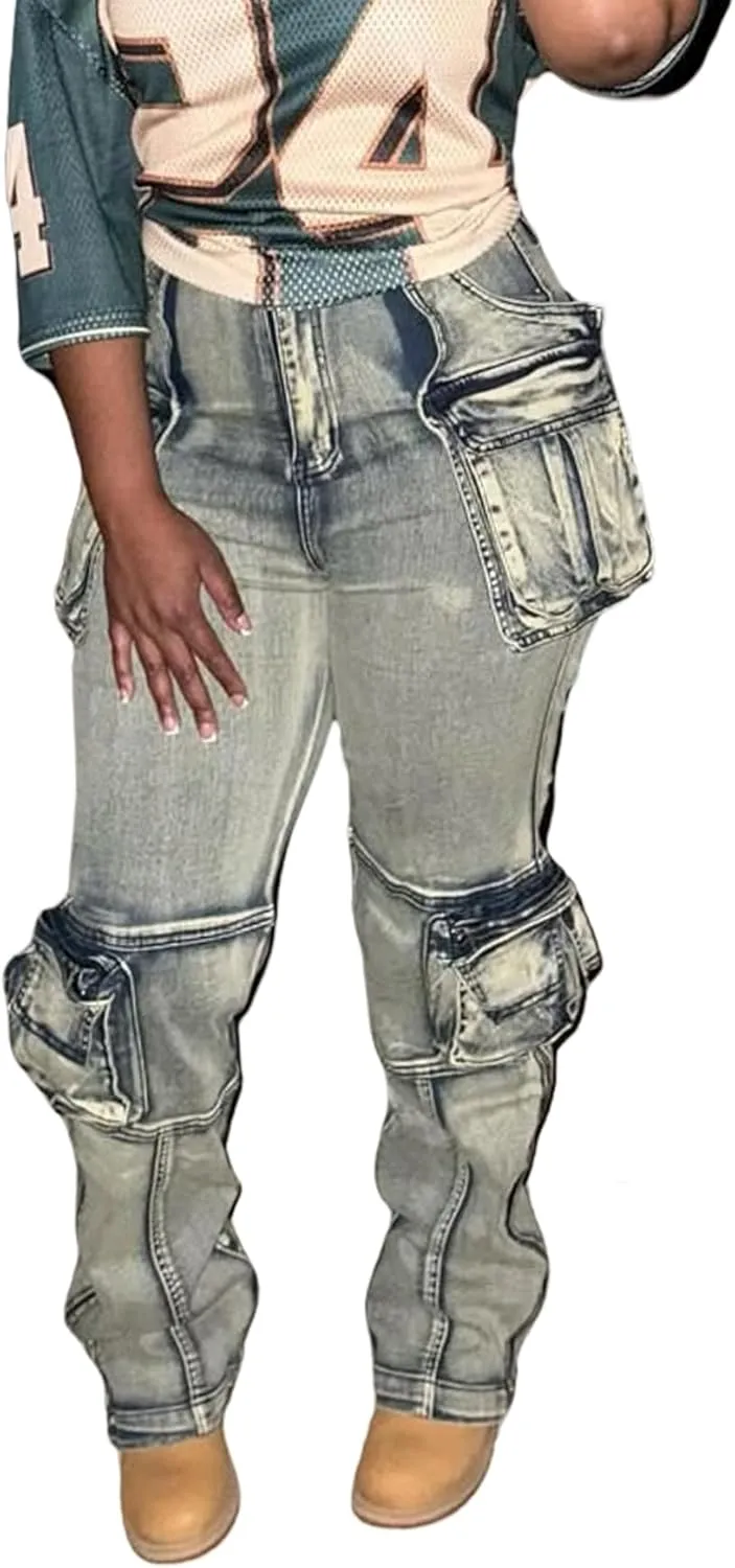 SHINFY Womens Cargo Jeans High Waisted Straight Leg Zipper Stretchy Y2K Denim Cargo Pants with Flap Pockets