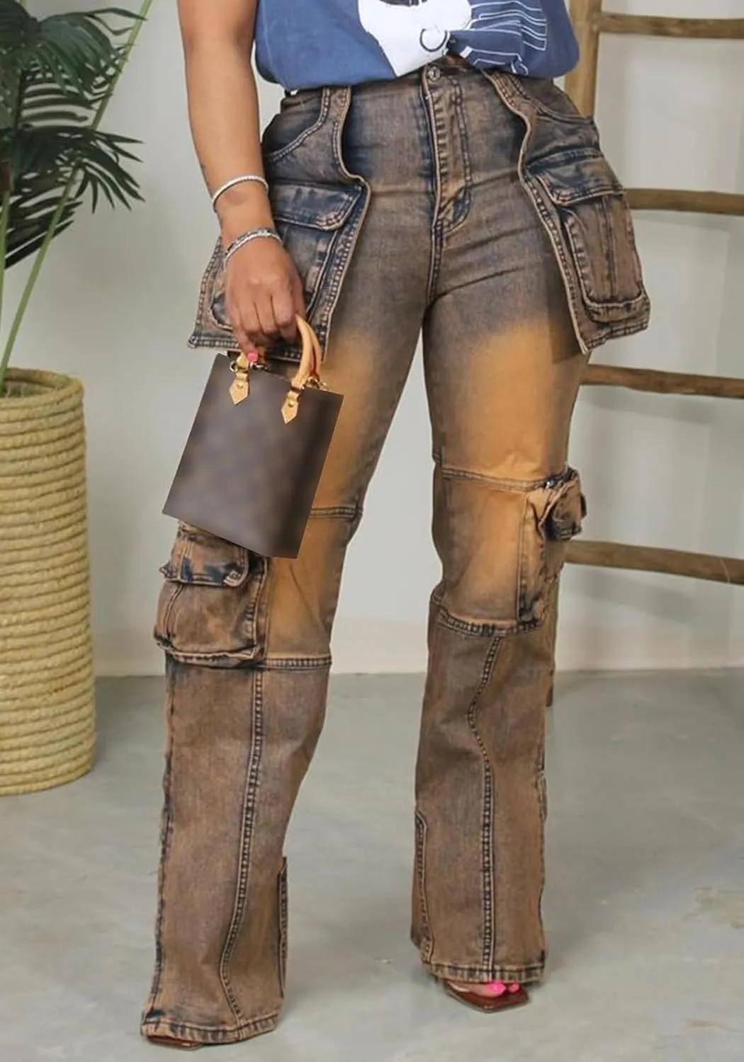 SHINFY Womens Cargo Jeans High Waisted Straight Leg Zipper Stretchy Y2K Denim Cargo Pants with Flap Pockets