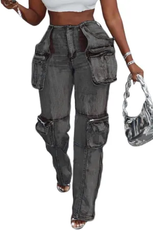 SHINFY Womens Cargo Jeans High Waisted Straight Leg Zipper Stretchy Y2K Denim Cargo Pants with Flap Pockets