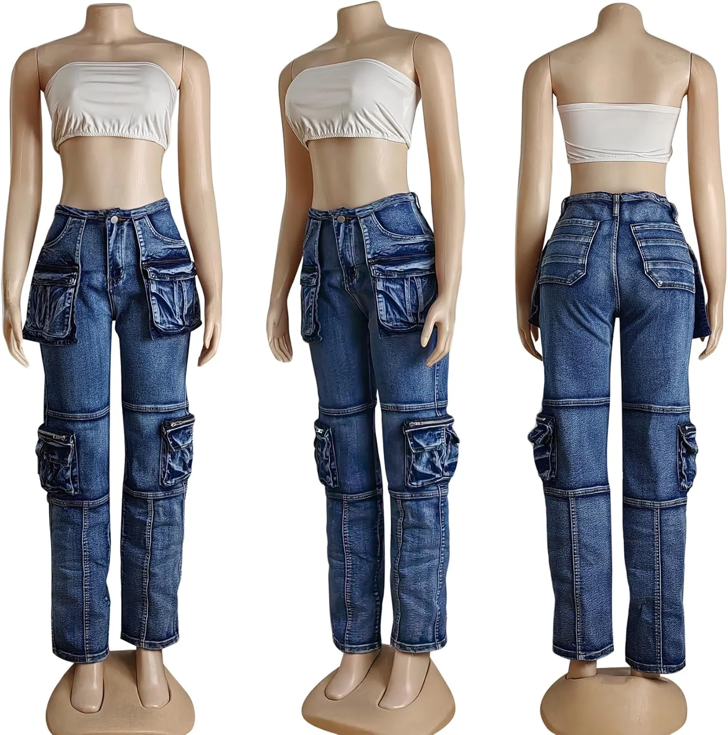 SHINFY Womens Cargo Jeans High Waisted Straight Leg Zipper Stretchy Y2K Denim Cargo Pants with Flap Pockets