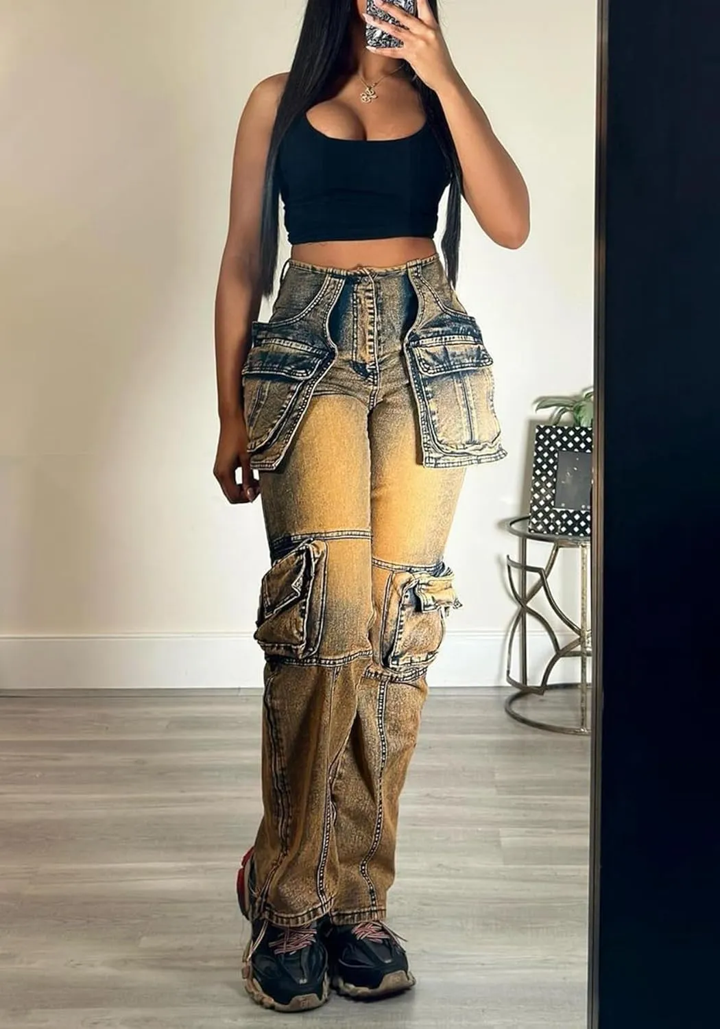 SHINFY Womens Cargo Jeans High Waisted Straight Leg Zipper Stretchy Y2K Denim Cargo Pants with Flap Pockets