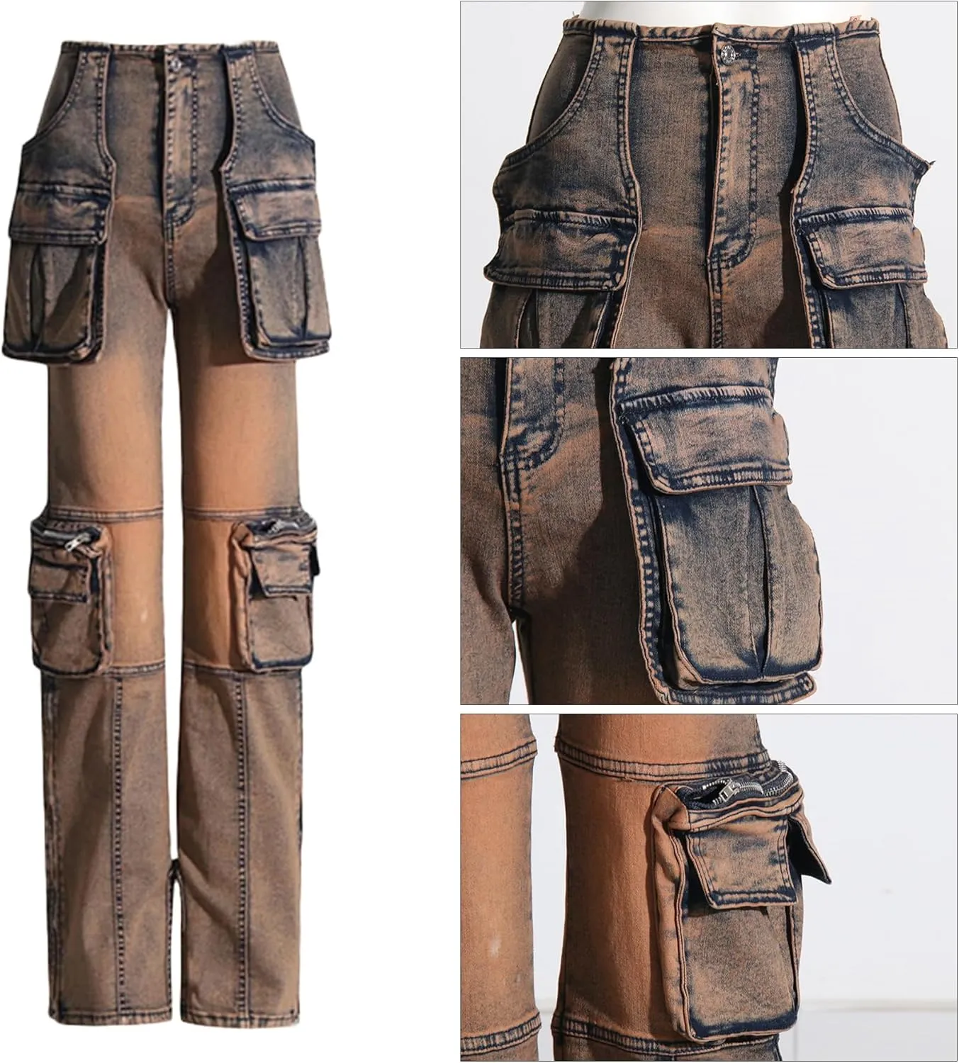 SHINFY Womens Cargo Jeans High Waisted Straight Leg Zipper Stretchy Y2K Denim Cargo Pants with Flap Pockets