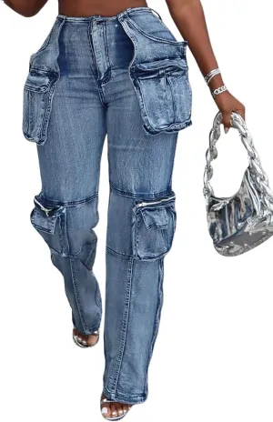 SHINFY Womens Cargo Jeans High Waisted Straight Leg Zipper Stretchy Y2K Denim Cargo Pants with Flap Pockets
