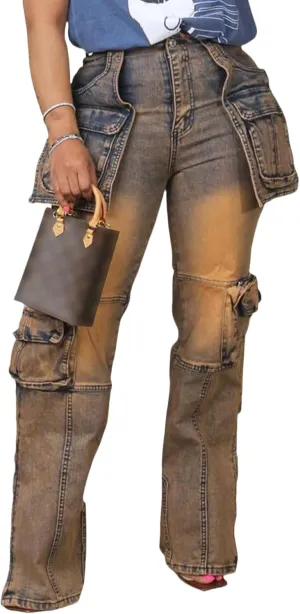 SHINFY Womens Cargo Jeans High Waisted Straight Leg Zipper Stretchy Y2K Denim Cargo Pants with Flap Pockets