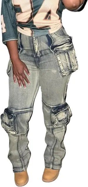 SHINFY Womens Cargo Jeans High Waisted Straight Leg Zipper Stretchy Y2K Denim Cargo Pants with Flap Pockets