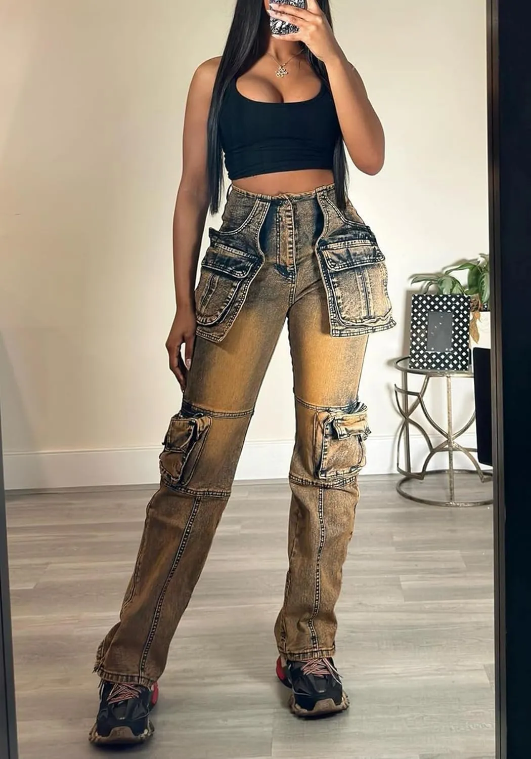 SHINFY Womens Cargo Jeans High Waisted Straight Leg Zipper Stretchy Y2K Denim Cargo Pants with Flap Pockets