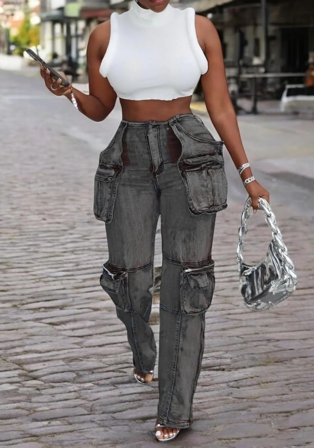 SHINFY Womens Cargo Jeans High Waisted Straight Leg Zipper Stretchy Y2K Denim Cargo Pants with Flap Pockets