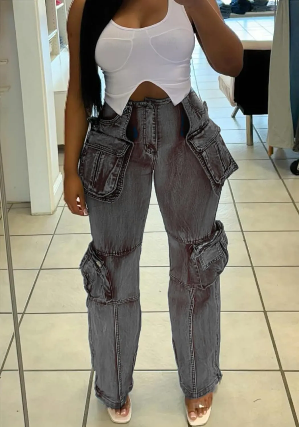 SHINFY Womens Cargo Jeans High Waisted Straight Leg Zipper Stretchy Y2K Denim Cargo Pants with Flap Pockets