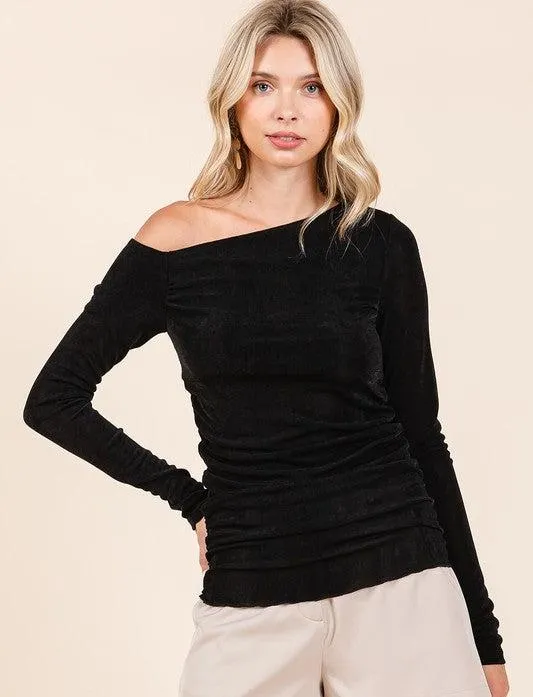 Slinky Knit One Shoulder Long Sleeve Top in black