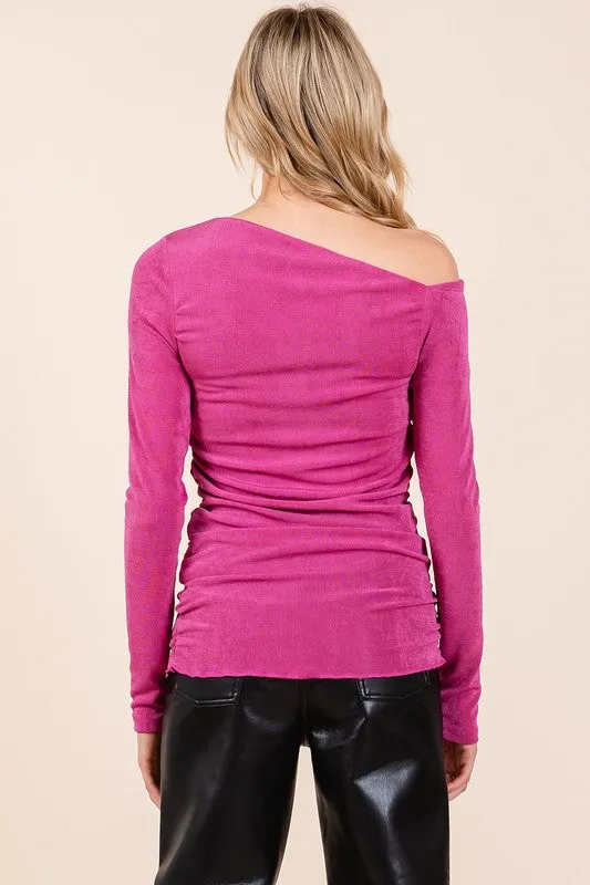 Slinky Knit One Shoulder Long Sleeve Top in orchid