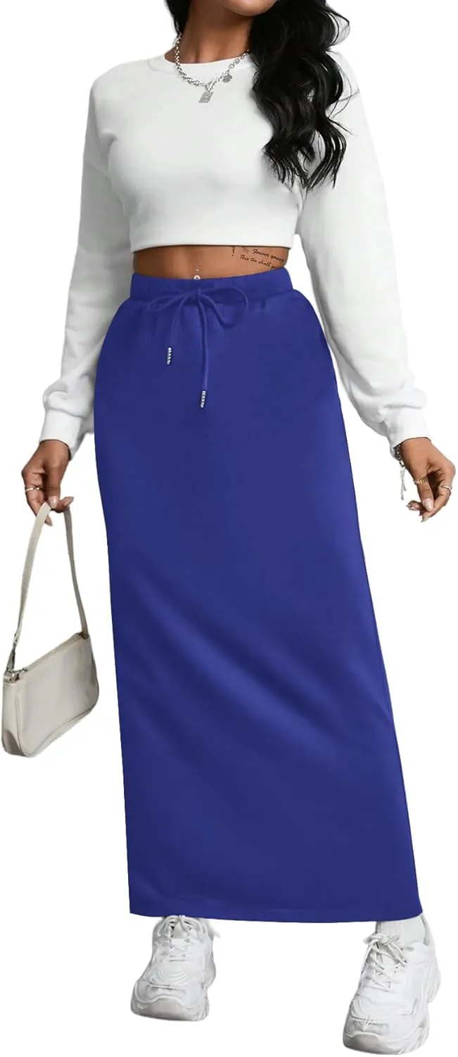 SOFIA'S CHOICE Women's Drawstring Skirt High Waist A Line Maxi Skirts with Pockets