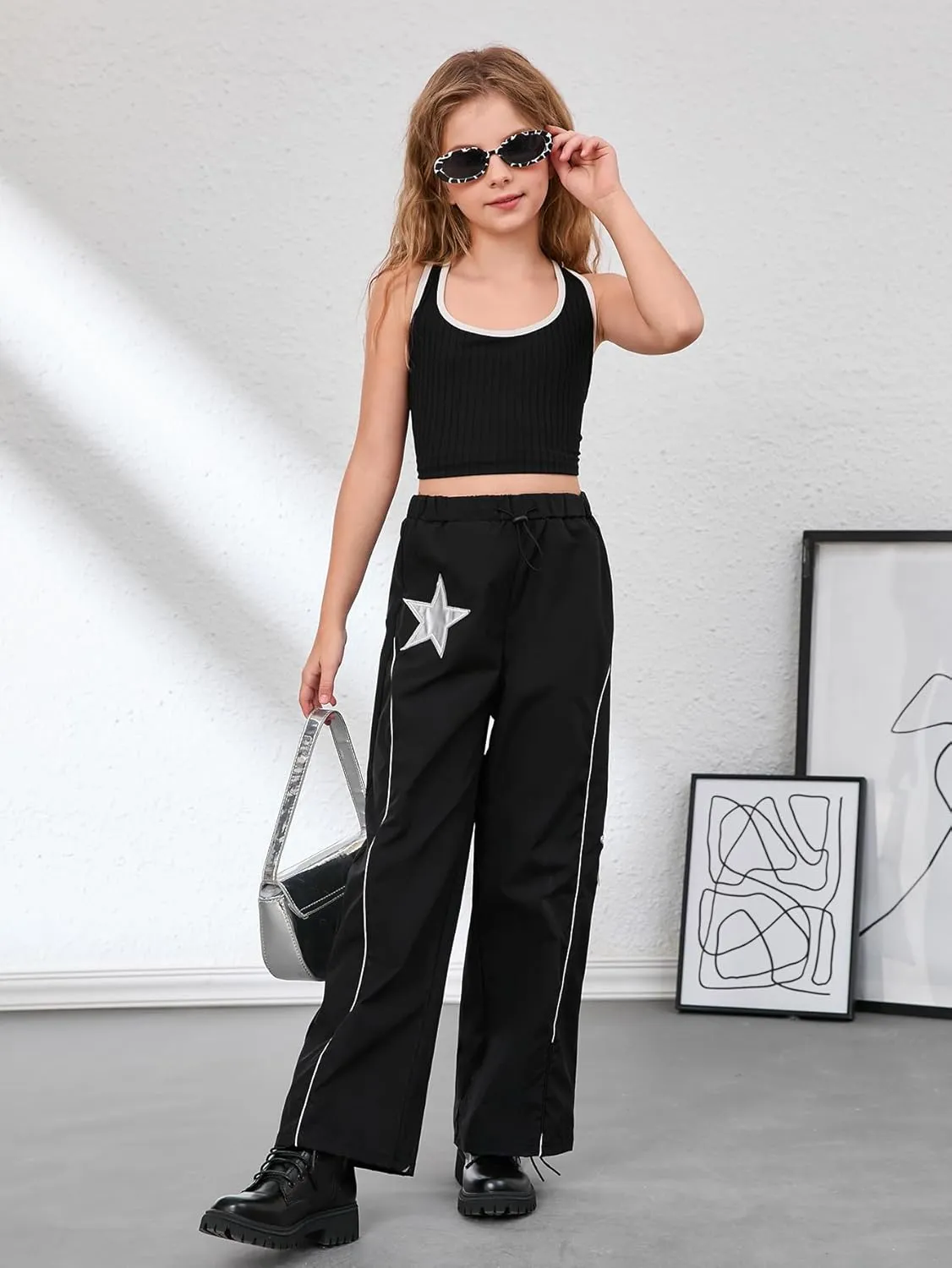 SOLY HUX Girl's Y2k Baggy Wide Leg Pants Drawstring Waist Trousers with Pocket Streetwear