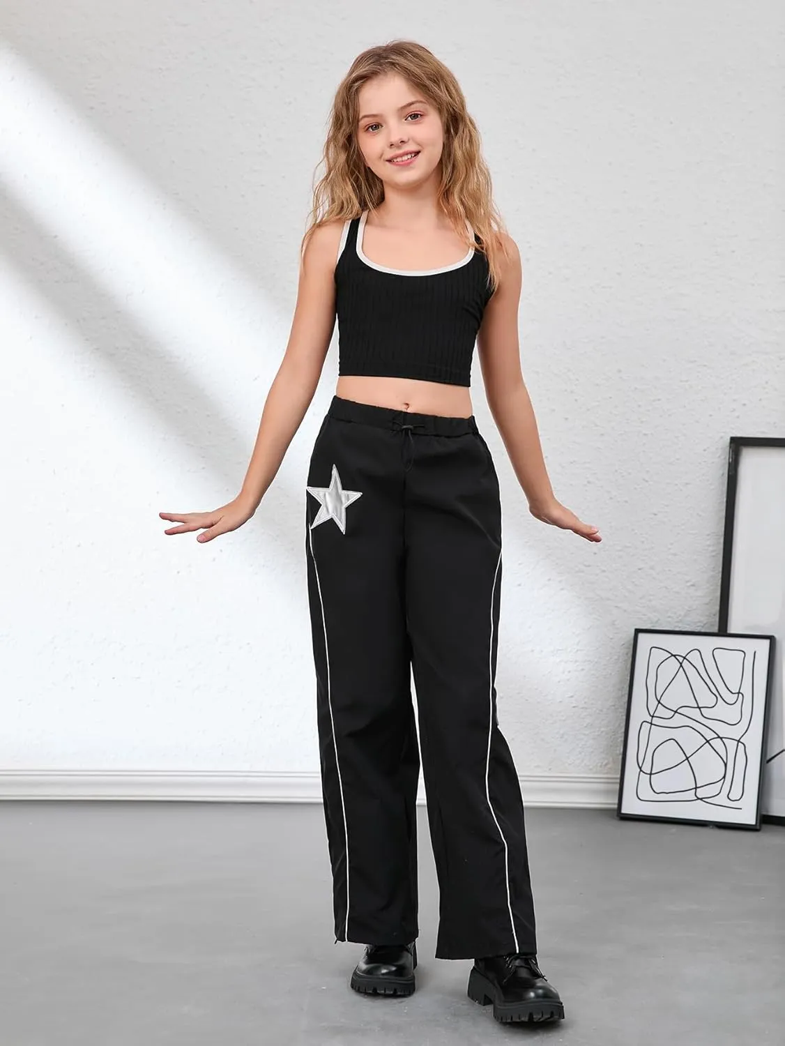 SOLY HUX Girl's Y2k Baggy Wide Leg Pants Drawstring Waist Trousers with Pocket Streetwear