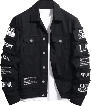 SOLY HUX Men's Denim Jacket Letter Graphic Button Down Flap Pocket Long Sleeve Streetwear Jacket