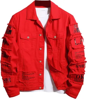 SOLY HUX Men's Denim Jacket Letter Graphic Button Down Flap Pocket Long Sleeve Streetwear Jacket