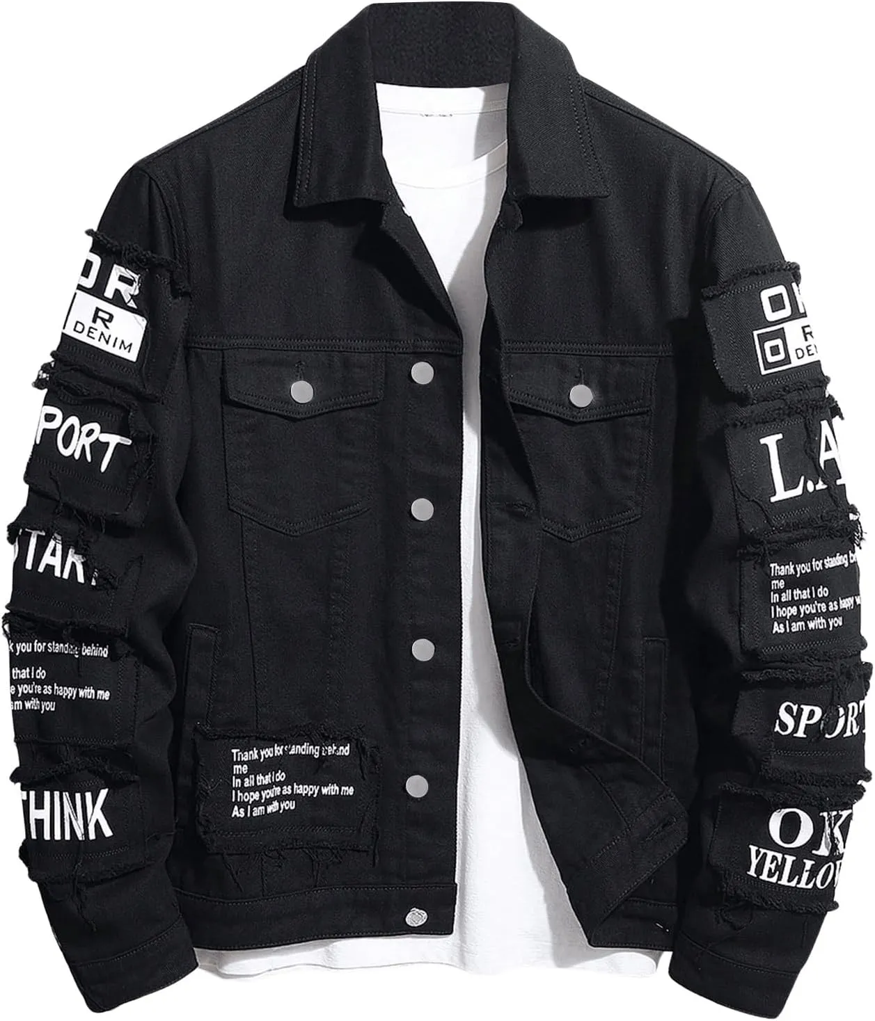 SOLY HUX Men's Denim Jacket Letter Graphic Button Down Flap Pocket Long Sleeve Streetwear Jacket