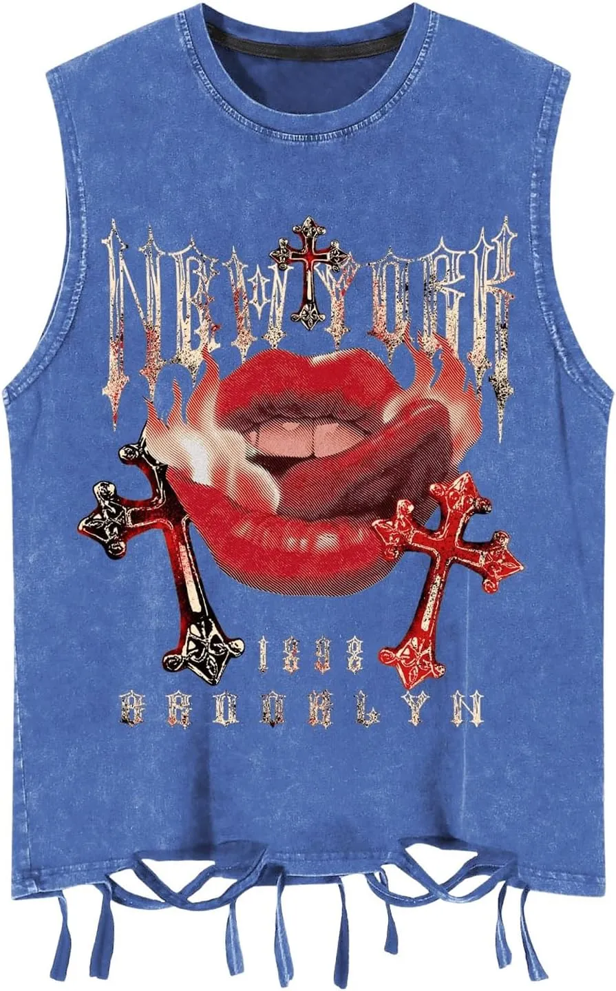 SOLY HUX Men's Summer Gothic Tank Top Graphic Print Distressed Sleeveless Shirts Vintage Hip-hop Vest