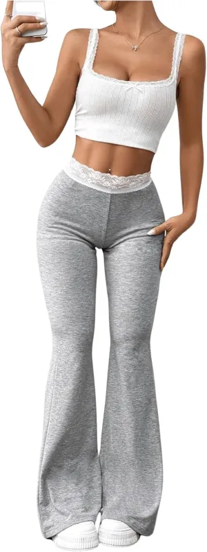 SOLY HUX Women's Flare Leg Pants Elastic Lace Trim High Waist Casual Long Pants Trousers