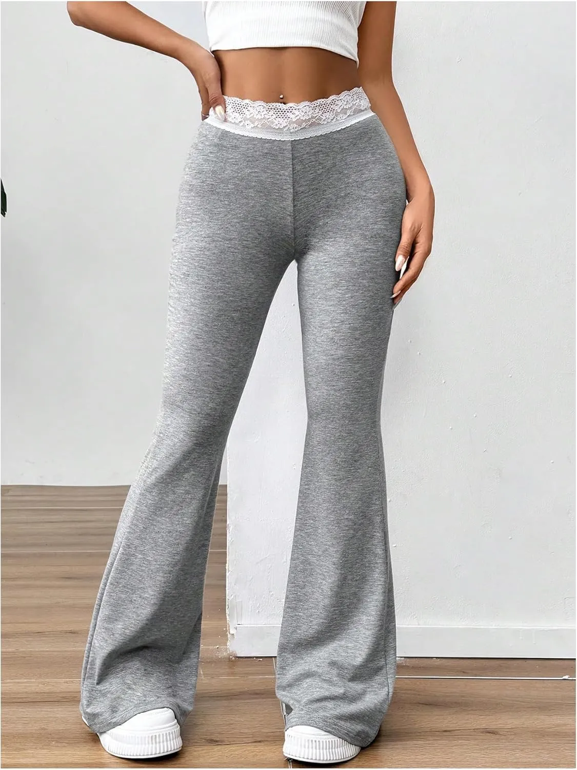 SOLY HUX Women's Flare Leg Pants Elastic Lace Trim High Waist Casual Long Pants Trousers