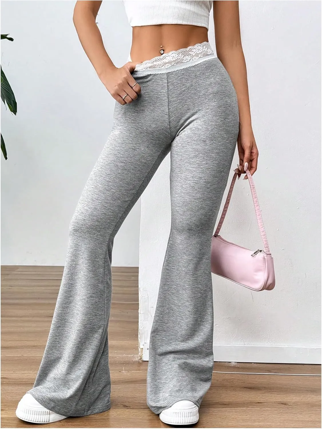 SOLY HUX Women's Flare Leg Pants Elastic Lace Trim High Waist Casual Long Pants Trousers