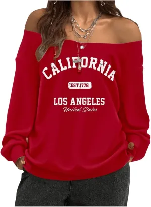 SOLY HUX Women's Off Shoulder Letter Graphic Sweatshirts Long Sleeve Baggy Pullover Streetwear