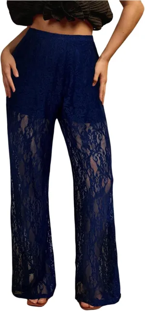 SOLY HUX Women's Plus Size Lace Mesh Pants High Waisted Sheer Flare Leg Party Pants Clubwear
