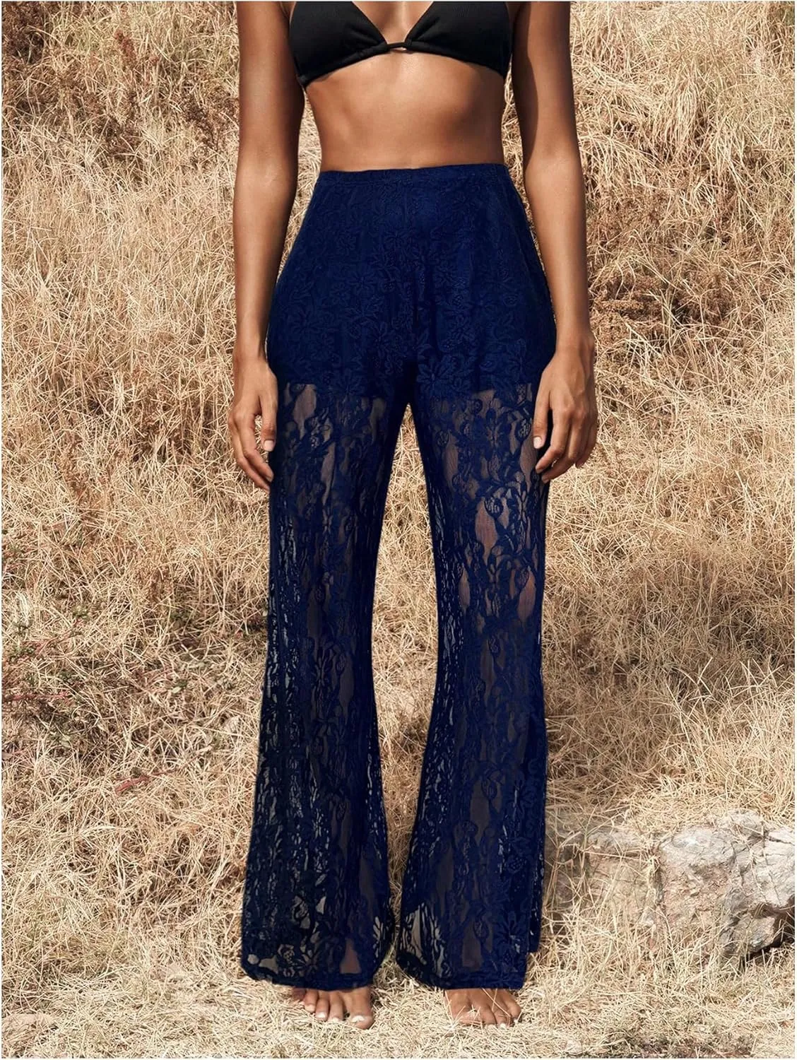 SOLY HUX Women's Plus Size Lace Mesh Pants High Waisted Sheer Flare Leg Party Pants Clubwear