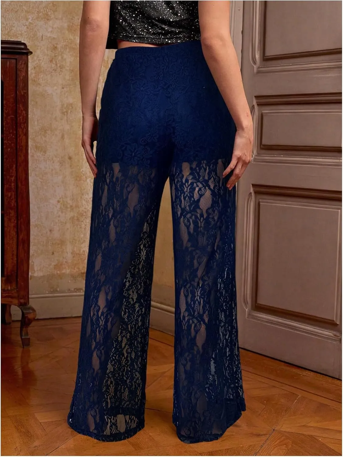 SOLY HUX Women's Plus Size Lace Mesh Pants High Waisted Sheer Flare Leg Party Pants Clubwear