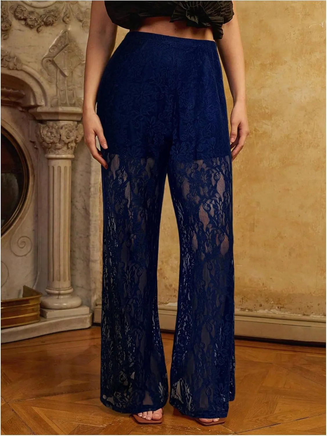 SOLY HUX Women's Plus Size Lace Mesh Pants High Waisted Sheer Flare Leg Party Pants Clubwear
