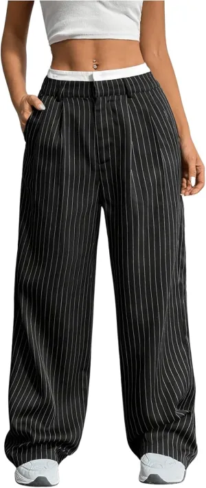 SOLY HUX Women's Striped Pants Color Block High Waisted Wide Leg Casual Work Office Long Trousers