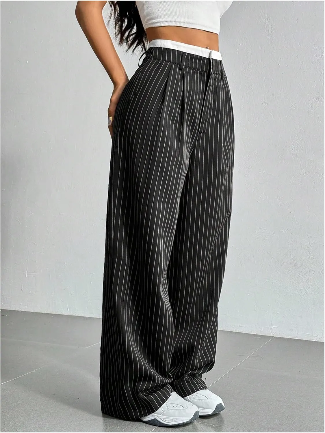 SOLY HUX Women's Striped Pants Color Block High Waisted Wide Leg Casual Work Office Long Trousers