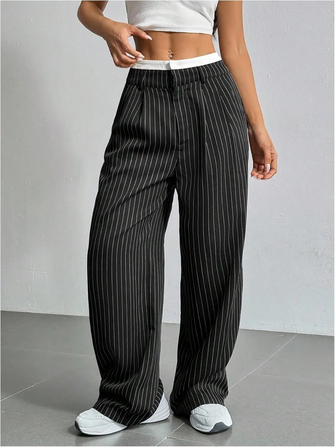 SOLY HUX Women's Striped Pants Color Block High Waisted Wide Leg Casual Work Office Long Trousers