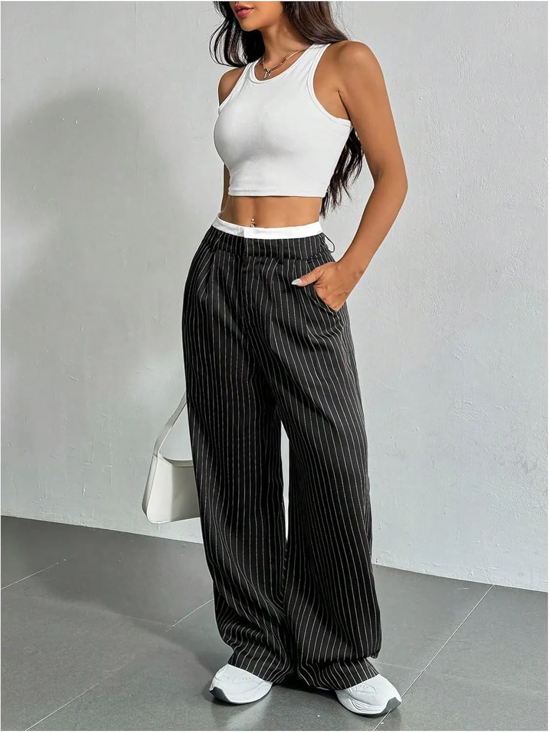 SOLY HUX Women's Striped Pants Color Block High Waisted Wide Leg Casual Work Office Long Trousers