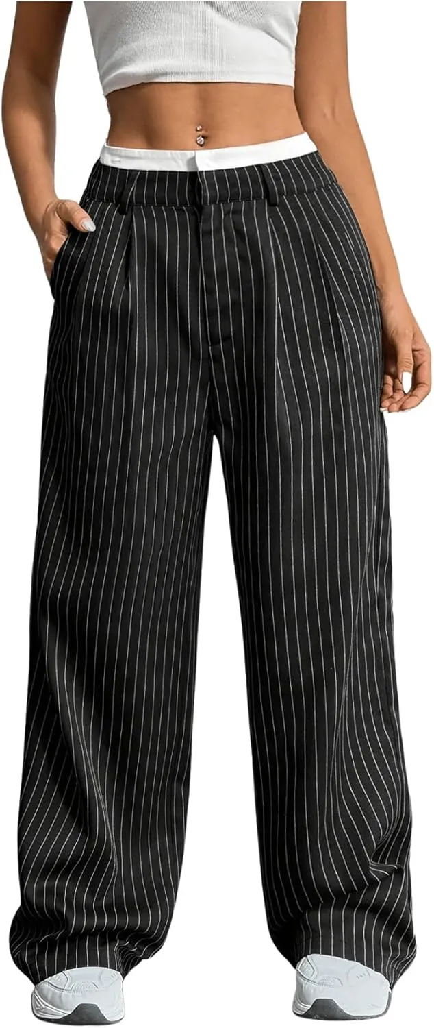 SOLY HUX Women's Striped Pants Color Block High Waisted Wide Leg Casual Work Office Long Trousers