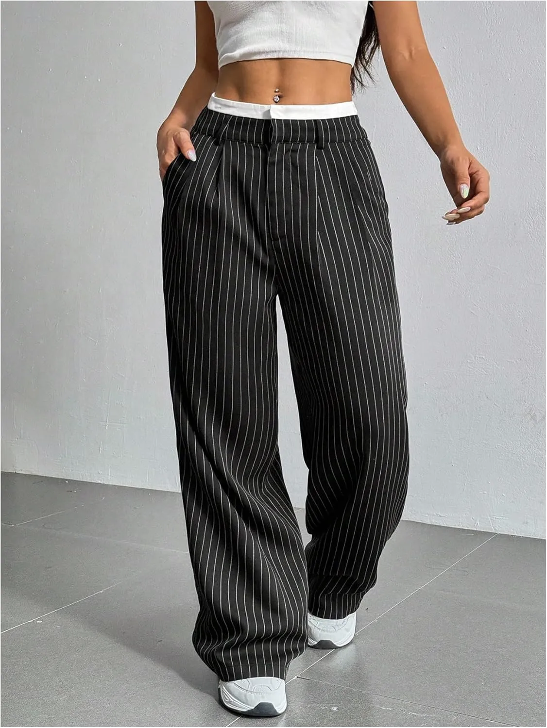 SOLY HUX Women's Striped Pants Color Block High Waisted Wide Leg Casual Work Office Long Trousers