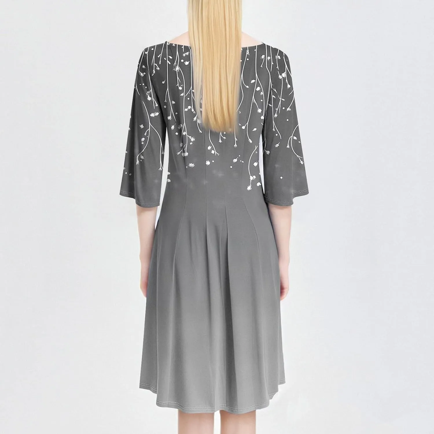 Spring Dresses for Women 2025 3/4 Sleeve Round Neck Church Dresses Pleated Knee Length Dress with Pockets Curvy Dress