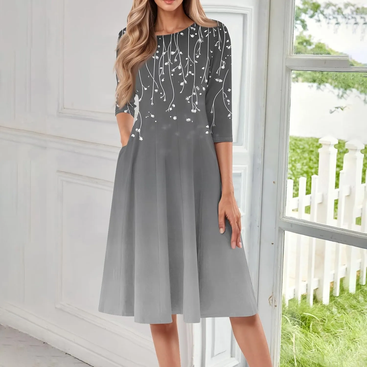 Spring Dresses for Women 2025 3/4 Sleeve Round Neck Church Dresses Pleated Knee Length Dress with Pockets Curvy Dress