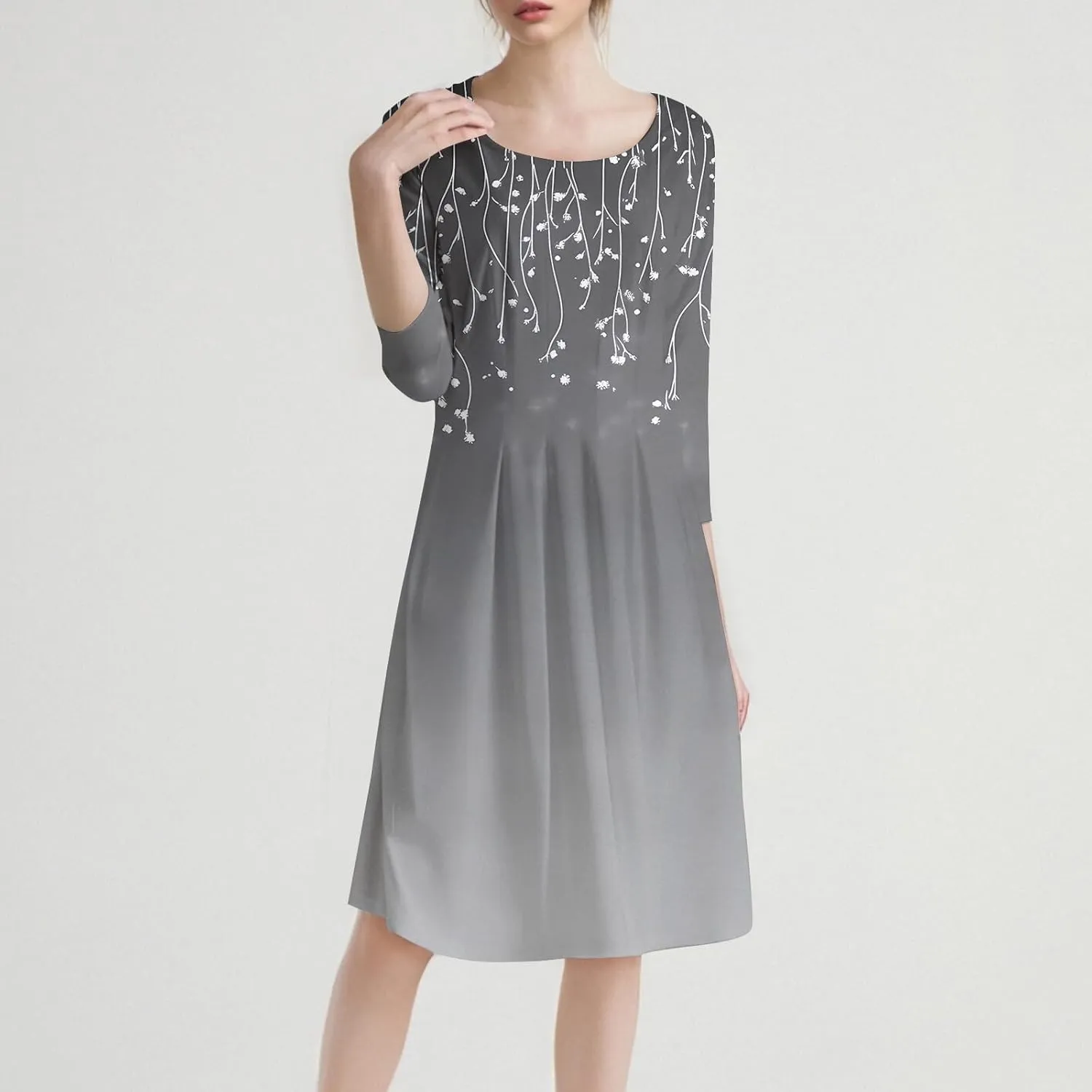 Spring Dresses for Women 2025 3/4 Sleeve Round Neck Church Dresses Pleated Knee Length Dress with Pockets Curvy Dress