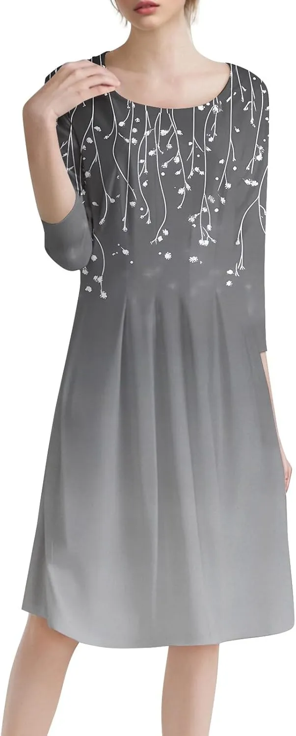 Spring Dresses for Women 2025 3/4 Sleeve Round Neck Church Dresses Pleated Knee Length Dress with Pockets Curvy Dress