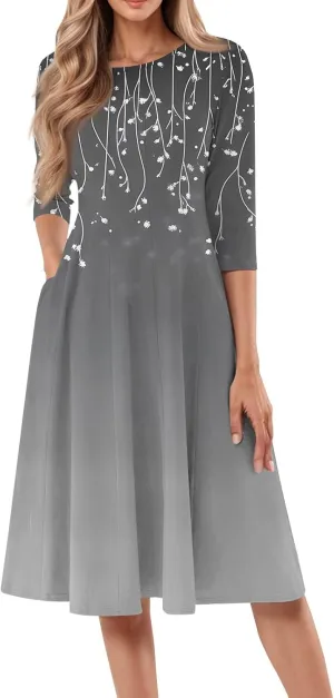 Spring Dresses for Women 2025 3/4 Sleeve Round Neck Church Dresses Pleated Knee Length Dress with Pockets Curvy Dress