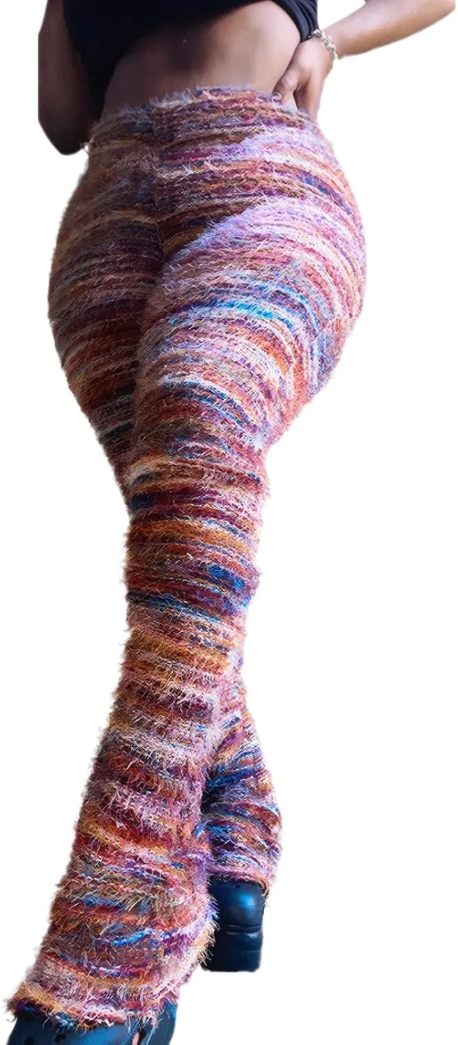 Stacked Pants for Women Leggings Bell Bottom Pants Fuzzy High Wasited Colorful Strip Club Outfits Sweatpants