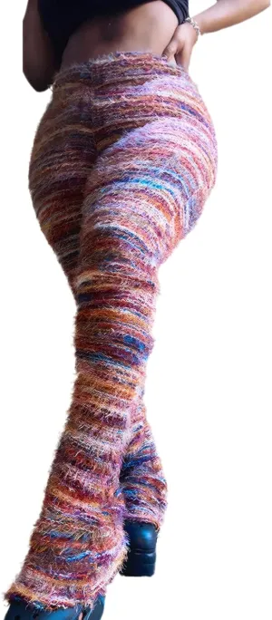 Stacked Pants for Women Leggings Bell Bottom Pants Fuzzy High Wasited Colorful Strip Club Outfits Sweatpants