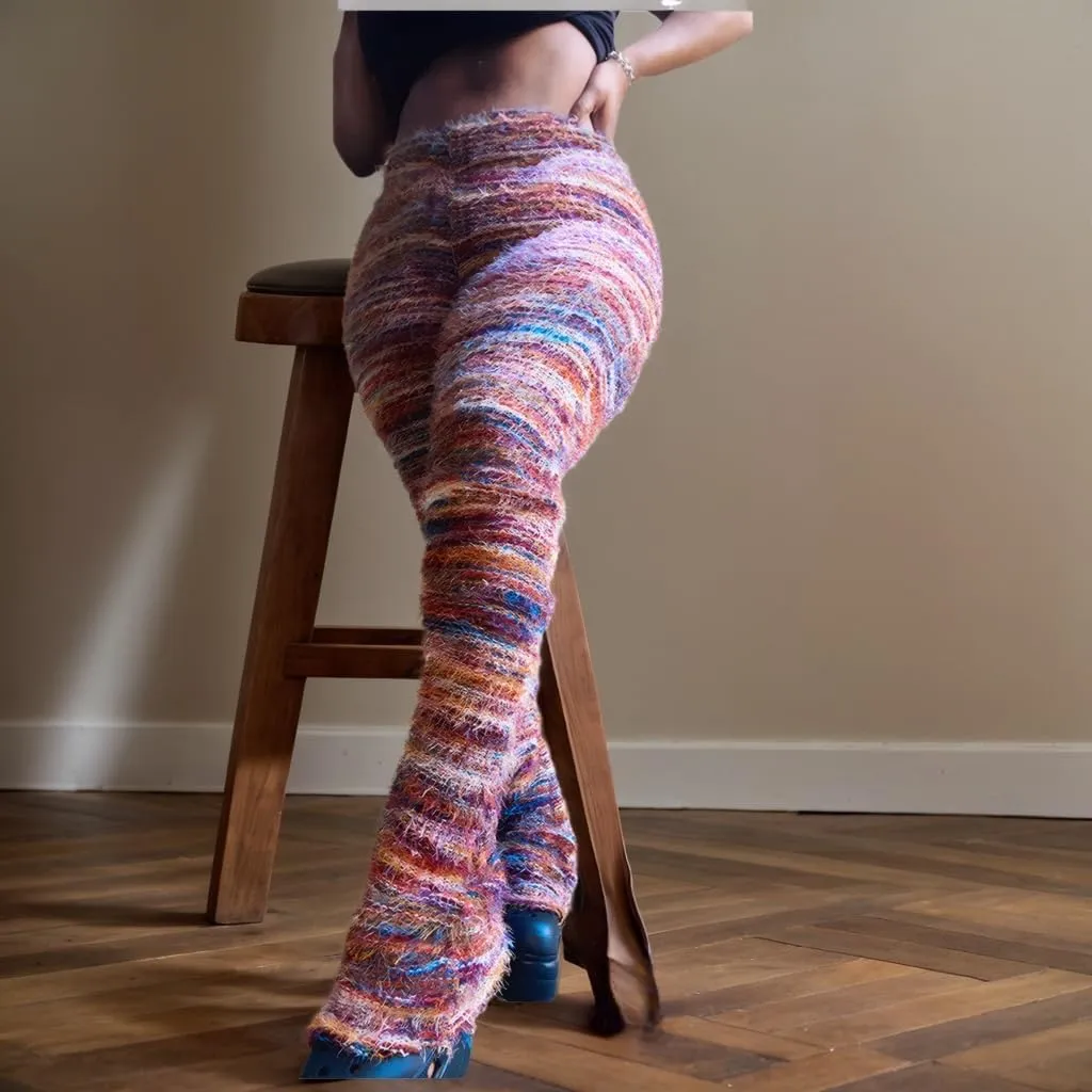 Stacked Pants for Women Leggings Bell Bottom Pants Fuzzy High Wasited Colorful Strip Club Outfits Sweatpants