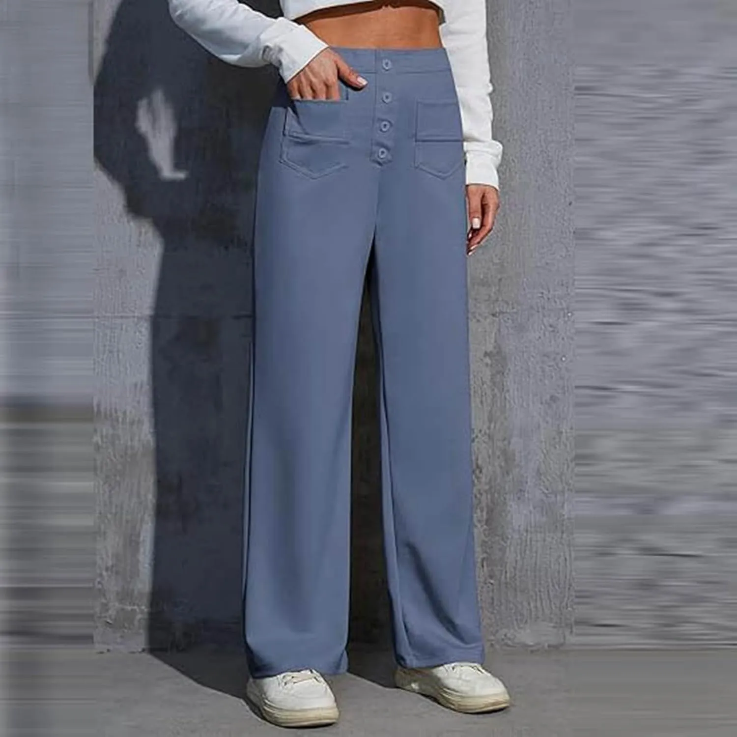 Straight Wide Leg Pants for Women Elastic High Waist Trendy Palazzo Pants Loose Button Down Flowy Trousers with Pockets